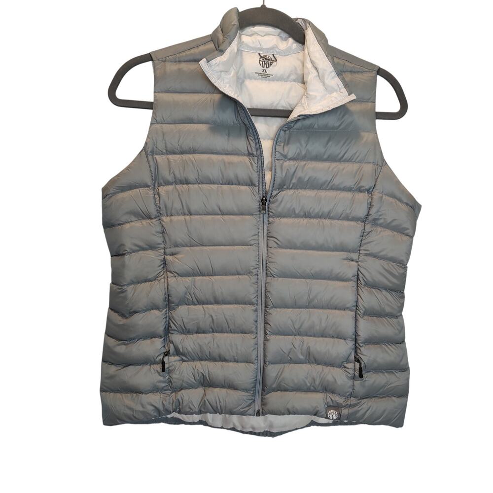 REI Co-op Women's Sz S Grey White Sleeveless Down Puffer Vest Zip Up Packable